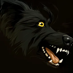 an angry scruffy black terrier on black background, yellow eyes, make 30% brighter, illustration