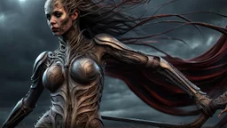 a horrifying female banshee warrior. brutal carnage on a battle field. fantasy setting. h.r. giger. armor melted into the skin. blood. intense horror. blind terror. scared to death. a masterpiece, fantasy concept art, dynamic lighting, hyperdetailed, intricately detailed, deep color, Unreal Engine, volumetric lighting, Epic cinematic brilliant stunning intricate meticulously detailed dramatic atmospheric maximalist digital matte painting