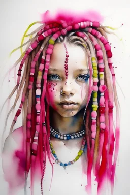 Watercolor white and dreadlocks girl with fuxia beads in the hair