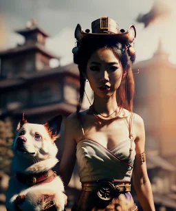 Ultra realistic, steampunk western party scene. Geisha Asian woman with dog man’s , waist up view, dancing, happy, color smoke, highly detailed, concept art, unreal engine 5, god rays, ray tracing, RTX, lumen lighting, ultra detail, volumetric lighting, 3d, finely drawn, high definition, high resolution.