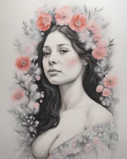 portrait, acrylic, fine drawing, Pregnancy, flowers,