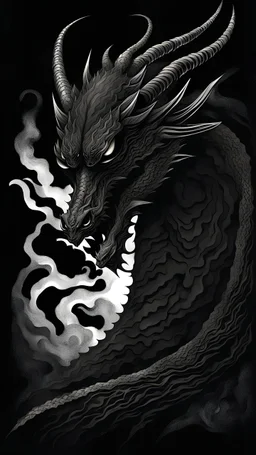 dark black nebulous indistinct shadow vaguely dragon-like form emerging from darkness, clean graphic style, dark fantasy