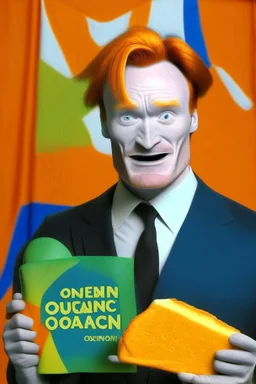 Conan O'Brien with bright orange hair holding orange cheese. "Esperanto flag in background".