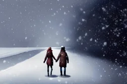 one man and one woman hand in hand walking in the snow head to spring day, concept art, illustration, Exquisite details and textures, highly detailed