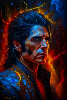 fire, lightning, wind, rain, volcanic lava, fireworks, explosions, multicolored neon lights, Paul Stanley/Elvis Presley/Keanu Reeves hybrid in the art style of Leonardo De Vinci, oil paint on canvas, 32k UHD, hyper realistic, photorealistic, realistic, life-like, extremely detailed, extremely colorful, sharp beautiful professional quality,