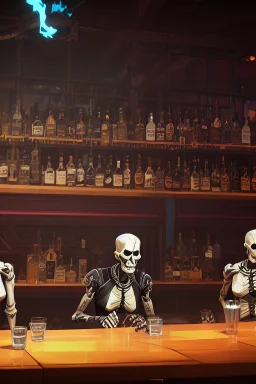 Skeletons having a drink at a bar counter, smoking sigars