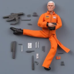 a large pile of face Mike Pence G.I. Joe toy Doll spaceforce uniform, orange blue fabric, pistol, wall packaging for sale, bright pricetag, finger, empty box