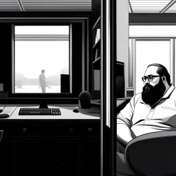 comicbook, 2 panels, black and white, in the left panel, a fat, bearded man watches the tv, (in the right panel, (side angle view:1.2)of the tv), background is a haunting dimly lit, decrepit room.The atmosphere should be chilling, with shadows and decay adding to the eerie ambiance.