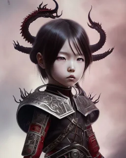 Detailed anime child girl, dark brown hair, black and red dragon scale armour, intricate details, full body portrait, keep head in frame, slight smile, black Japanese motif, concept art, highly detailed, digital painting, concept art, sharp focus, illustration, art by Yoji Shinkawa, WLOP and greg rutkowski and alphonse mucha and artgerm and yanjun Chen and Junji ito and Makoto Shinkai, HDR, octane render