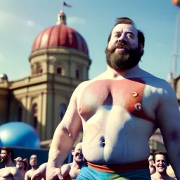 Ultra realistic circus scene. Classic Naked strongman, waist up view, Wes Anderson style, happy, bubbles, butterflys, highly detailed, concept art, unreal engine 5, god rays, ray tracing, RTX, lumen lighting, ultra detail, volumetric lighting, 3d, finely drawn, high definition, high resolution.