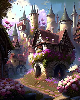 medieval fantasy castle town with flowers rpg art