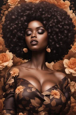 Create an magna image of a curvy black female wearing a brown off the shoudler blouse and she is looking down with Prominent makeup. Highly detailed tightly curly black afro. Background of large brown and black flowers surrounding her