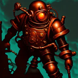 90's TCG art retro scifi art of a steampunk diver with big armor