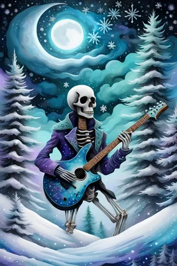 a skeleton with his guitar; storm clouds, lightning, snowflakes, ice crystals, crescent moon in a nebula sky, extreme colors, white, ice blue, silver, lavender, seafoam green, spray paint, ink in water, luminous color sparkles, smoke, deep forest, glitter snow, snowflakes, pine trees, nebula sky; soft Shading; highly intricate, sophisticated, complex, 80's poster art, extreme neon colors, vaporwave <lora:
