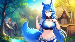 Girl look like wolf, wolf paws on hand , animal paws, wolf ears, wolf tail,blue hair, open navel, house, forest, collar on neck.