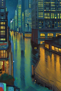 Van gogh illustration of New York hyper detailed and realistic, top view, night with lighting, wonderful, 8k.