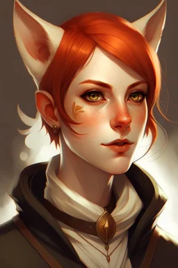 An woman with very short red hair, gold eyes, large fox ears, slight smile, pale skin