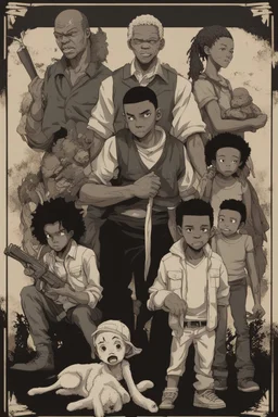 Give me the art-style of the boondocks with a poster of the main cast from TWD Series. Add guts from Berserk and griffin eating a small baby deer.