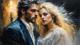 Portrait of a man and a stunningly beautiful blonde woman, made of tulle, detailed fabric painting, Candlelight Insanely detailed painting by Pino Daeni, Jeremy Mann, Carne_Griffiths, Vadim Kashin, James Gurney, texture, 16k resolution, fine art, natural light, beautiful