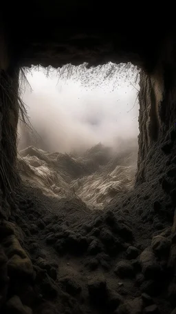 view from inside a trench from the first world war, flying debris, smoke and ash, screams and agitation, despair, fujifilm, in the style of Joseph Kosuth