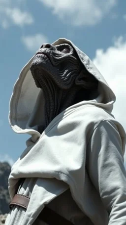 The creature from the the movie Prometheus with white hooded clothes looking to the sky