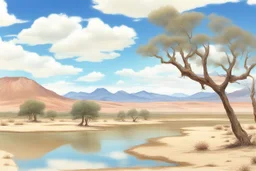 clouds, arid land, distant mountains, dry trees, pond