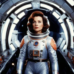 [photo by Evelyn Hofer] Penny Robinson from lost in space: she stands in her iconic space suit inside the spaceship