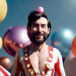 Ultra realistic circus scene. Stronger circus man, waist up view, Wes Anderson style, happy, bubbles, party, confeti, highly detailed, concept art, unreal engine 5, god rays, ray tracing, RTX, lumen lighting, ultra detail, volumetric lighting, 3d, finely drawn, high definition, high resolution.