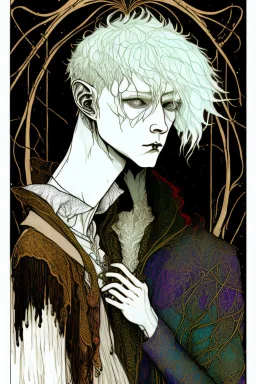 Emo, albino, teen, satyr, alchemist, in the style of Harry Clarke