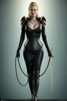 Cersei Lannister as evil dominatrix in black leather and high heeled boots, mistress, busty, cleavage, curvy, lena headay, angry, stern look. character design by cory loftis, fenghua zhong, ryohei hase, ismail inceoglu and ruan jia. unreal engine 5, artistic lighting, highly detailed, photorealistic, fantasy