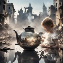 A teapot is shining and a laughing child is looking at it. The child’s image is reflected inside the teapot and behind the child is the reflection of a destroyed city.