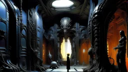 deconstructed interior with figures, (conception ), black walls, one point perspective, close up, rich colors, by HR Giger and Paul Lehr and Bruce Pennington and Stephan Martiniere and Lina Main Rubin and Pascal Blanché and Bastien Lecouffe Deharme