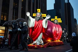 macys thanksgiving day parade style cartoonish jesus parade balloon pulled by multiple grim reapers, multi colored, bright, vivid, psychedelic, high detailed, high gloss, insanely detailed, matte, horrorcore, lining the street, unsettling contrast, monument to death, live action shot grim reaper parade, pulling a jesus parade float