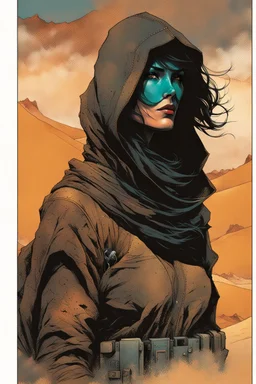 create a fine art print full body illustration of a rugged gritty, roughly textured, hooded, black clad and dusty Fremen female mercenary with highly detailed feminine facial features, amidst the billowing desert storms of Arrakis, in the comic book art style of Bill Sienkiewicz, and Jean Giraud Moebius, finely textured, drawn, colored, and inked,