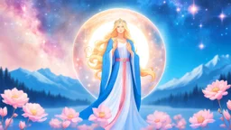 Create an image of a full body cosmic goddess. the goddess should be depicted as a beautiful and powerful figure, surrounded by cosmic stars. her hair should be long, blond and flowing, and she should be dressed in a flowing gown blue celestial robe. in the background, include imagery of pink flowers, blue sky, trees. the image should evoke a sense of joy, celebration, and spiritual connection to nature.