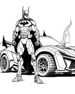 real massive Batman, with hi s vehicle coloring page, full body (((((white background))))), only use an outline., real style, line art, white, clean line art, white background, Sketch style.