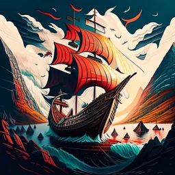 Generate an iconic Norwegian Viking ship transformed into an artistic masterpiece, with the ship serving as the canvas for creative expression. illustration of a Norwegian landscape in a unique, artistic style.