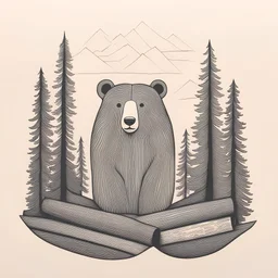 image has a shape of a bear, with timber logs and trees inside that shape, letterpress style, minimalistic pencil art