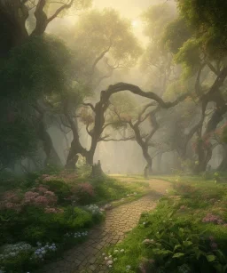 long promenade in a grand garden with ancient trees lining a cobblestone path, perfect composition, beautiful detailed intricate insanely detailed octane render trending on artstation, 8 k artistic photography, photorealistic concept art, soft natural volumetric cinematic perfect light, chiaroscuro, award - winning photograph, masterpiece, oil on canvas, raphael, caravaggio, Angkor