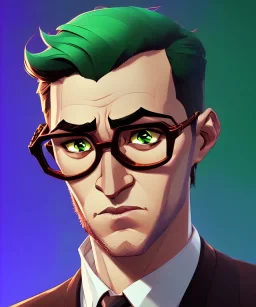 Fit man in round glasses, wavy hair, stubble, slim, tie, monotone, green eyes, comic book style, two tone colours, detailed, ink, realistic, handsome, square jaw, big brows, no jacket, bird on the shoulder, spotlight