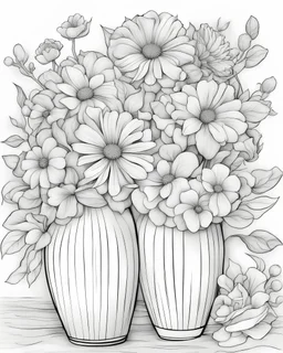 coloring page for kids, depicting beautiful flowers in a vase, full body, black and white, well defined lines, grayscale, white background