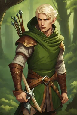blonde hooded male elven archer in the style of dragon age, dungeons and dragons, RPG:s, green clothes, stern look, forest background, painted like a comic book