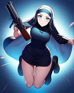 A nun in a short dress jumping with a gun