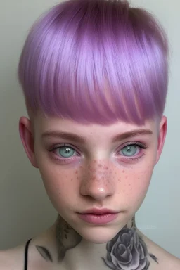 A young woman with lavender skin, purple eyes, pink hair in a pixie cut with pink freckles.