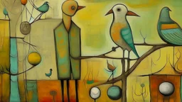 abstract painting, balance, man and bird, bizarre, surreal, art brut, outsider art, a muted colors photo, pexels contest winner, 1940s, high quality photo,