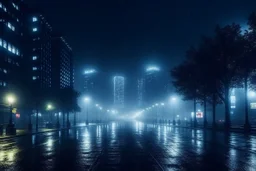 A city in the future is at night and it's raining and it's foggy.