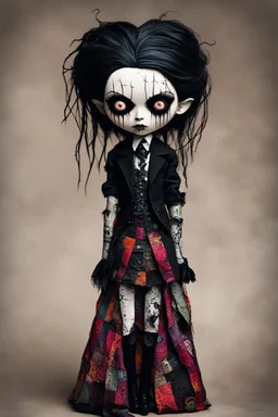 full color, illustration of a dark menacing Victorian goth vampire girl, tall and willowy ala Wednesday Addams, as a decayed, broken, crude homemade patchwork cloth doll toy, with a cracked porcelain face, thick dark eyebrows, hair made from ragged strips of cloth, art in the style of Alex Pardee and Tim Burton