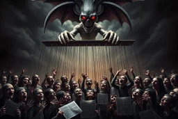 an evil government looms above, pulling the strings of numerous puppets below, the news broadcasts the puppets' suffering everywhere, dystopian, dread, horror