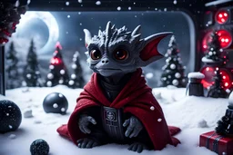fluffy big eyed baby dragon sith lord in the command centre in second death star with view to a star wars planet, and christmas tree and sith gifts in snow, cinematic eye view