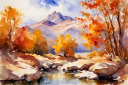 Sunny day, autumn trees, rocks, fantasy, mountains, epic, john singer sargent watercolor paintings